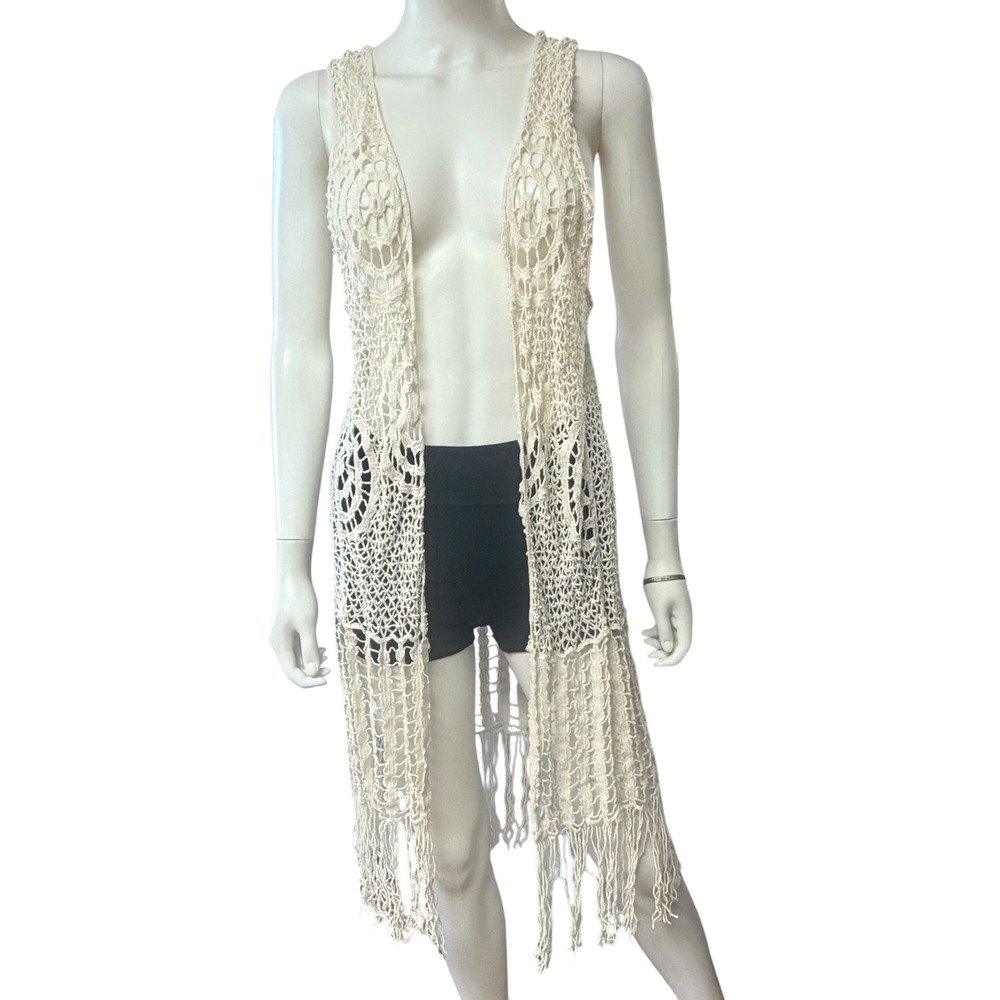 Blue Island Crochet Fringe Vest Festival Boho Cover Up Euro Summer Fairycore S/M